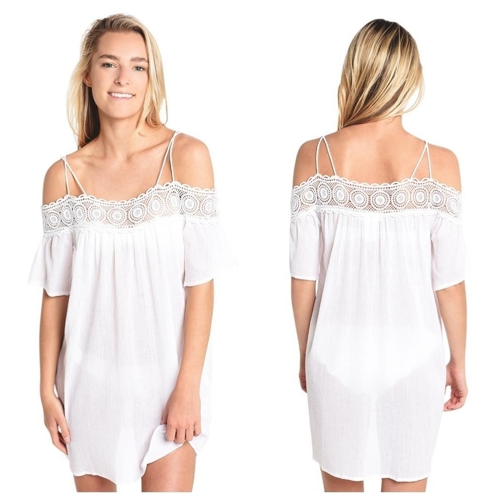 LA BLANCA Island Goddess Off The Shoulder Dress Size S/M White Lace Semi Sheer